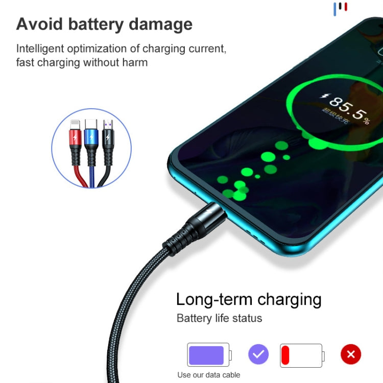 K061 1.2m 5A 3 in 1 USB to 8핀 + USB-C / 타입-C + 마이크로 USB 라운드 빠른 충전 데이터 케이블