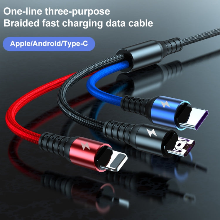 K061 1.2m 5A 3 in 1 USB to 8핀 + USB-C / 타입-C + 마이크로 USB 라운드 빠른 충전 데이터 케이블