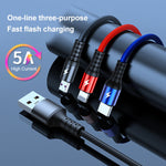 K061 1.2m 5A 3 in 1 USB to 8핀 + USB-C / 타입-C + 마이크로 USB 라운드 빠른 충전 데이터 케이블