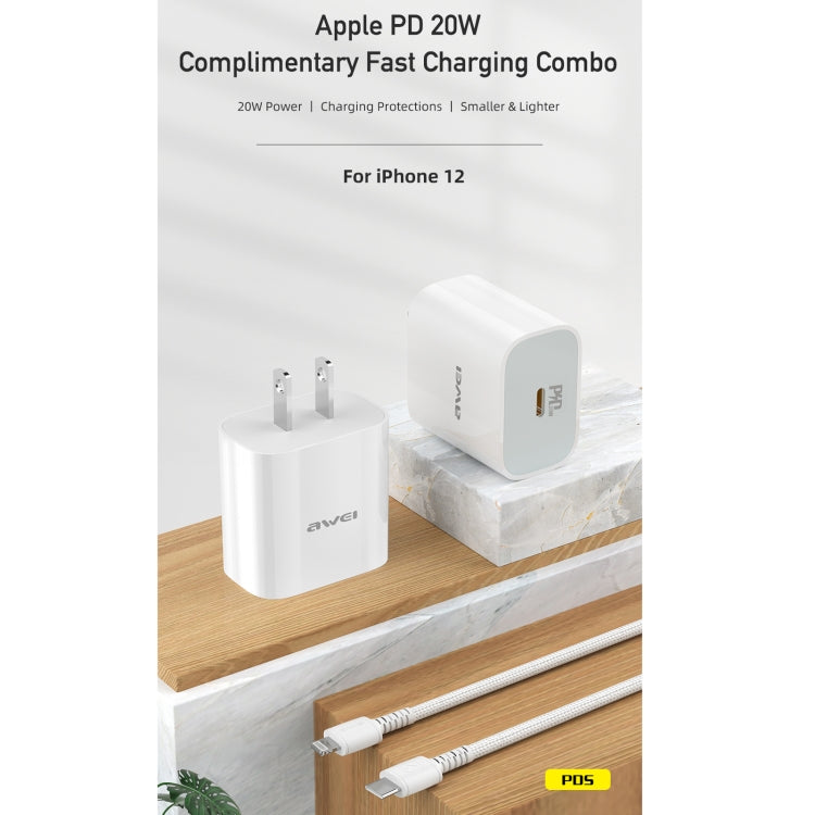 awei PD5 PD 20W 고속 충전 여행용 충전기 전원 어댑터 타입-C / USB-C to 8핀 케이블 포함, 미국 플러그