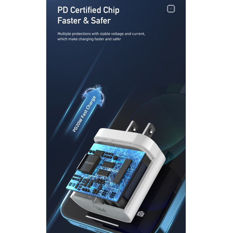 awei PD5 PD 20W 고속 충전 여행용 충전기 전원 어댑터 타입-C / USB-C to 8핀 케이블 포함, 미국 플러그