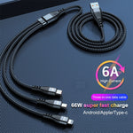 ADC-138 66W 3 in 1 USB to 8핀 + 마이크로 USB + USB-C / 타입-C 고속 충전 꼬임 데이터 케이블, 케이블 길이: 1.2m