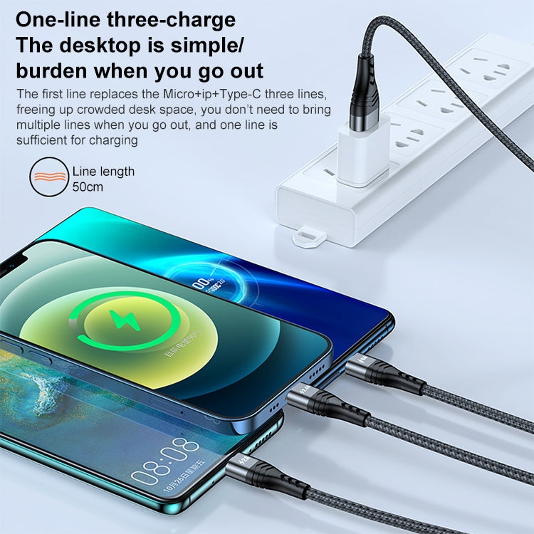 ADC-138 66W 3 in 1 USB to 8핀 + 마이크로 USB + USB-C / 타입-C 고속 충전 꼬임 데이터 케이블, 케이블 길이: 1.2m