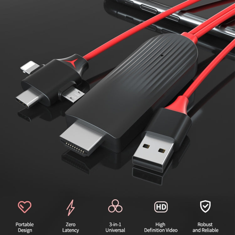 MiraScreen L7-8 3-in-1 8핀 + 마이크로 USB + USB-C / 타입-C to HDMI 비디오 변환 케이블, 케이블 길이: 2m, 3-in-1 HDMI