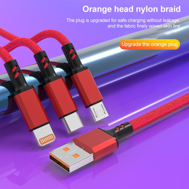 꼬임 방지 3A 3 in 1 USB to 타입-C / 8핀 / 마이크로 USB 고속 충전 케이블, 케이블 길이: 1.2m, 흰색 플러그 (빨강), 흰색 플러그 (검정), 흰색 플러그 (파랑)