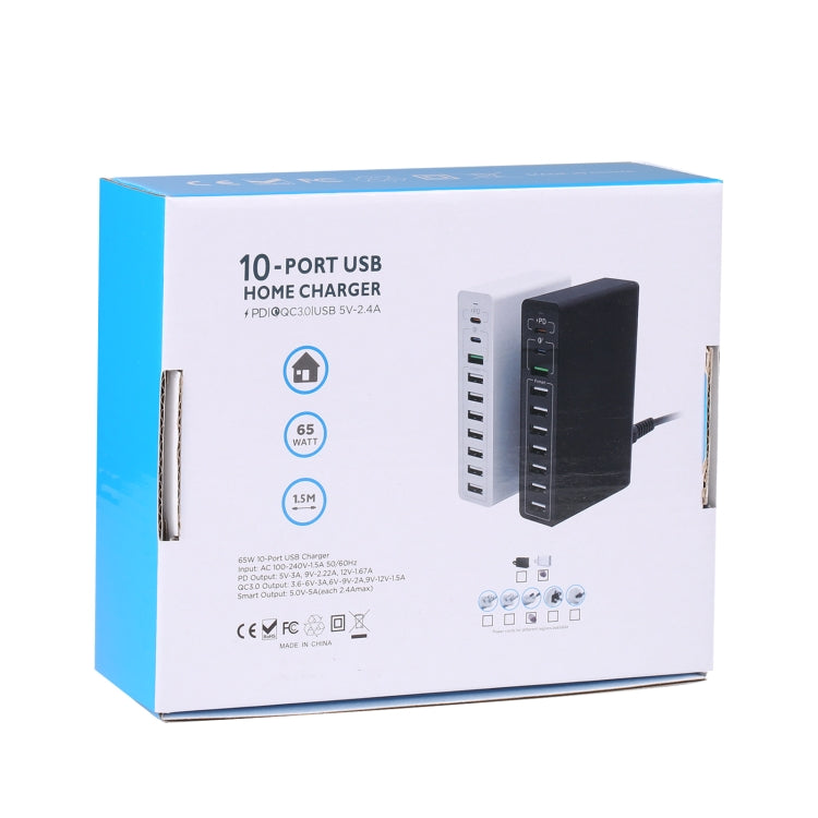 MFT-03Q 10-in-1 65W QC3.0 USB 스마트 고속 충전기, EU 플러그, EU 플러그