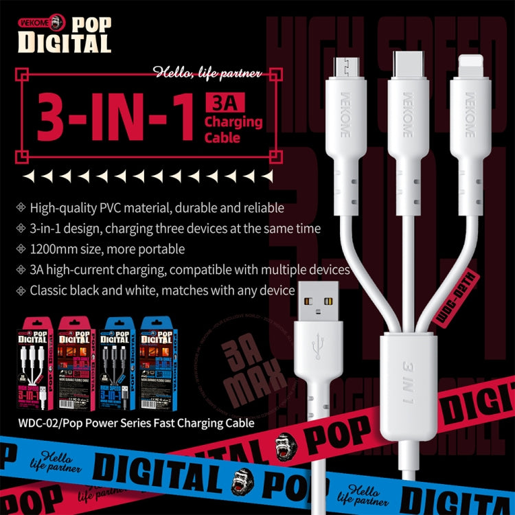 WEKOME WDC-02 조력 에너지 시리즈 3A USB to 8핀+타입-C+마이크로 USB 3 in 1 PVC 데이터 케이블, 길이: 1.2m