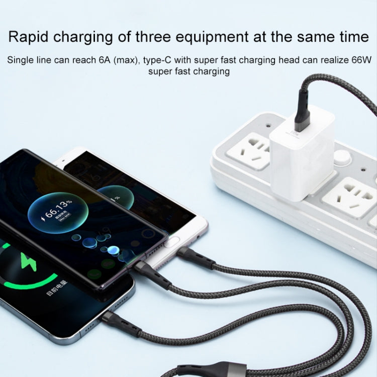 100W 6A 타입-C to 8핀+타입-C+마이크로 USB 충전 데이터 케이블, 1.3m