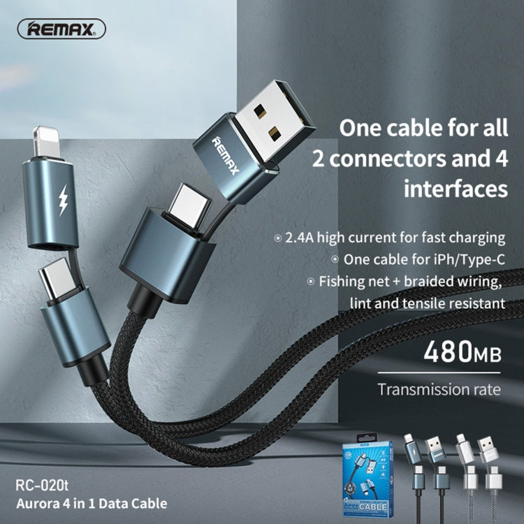 REMAX RC-020t 2.4A 오로라 시리즈 4 in 1 8핀 + USB + 2 x Type-C 데이터 동기화 충전 케이블, 케이블 길이: 1m