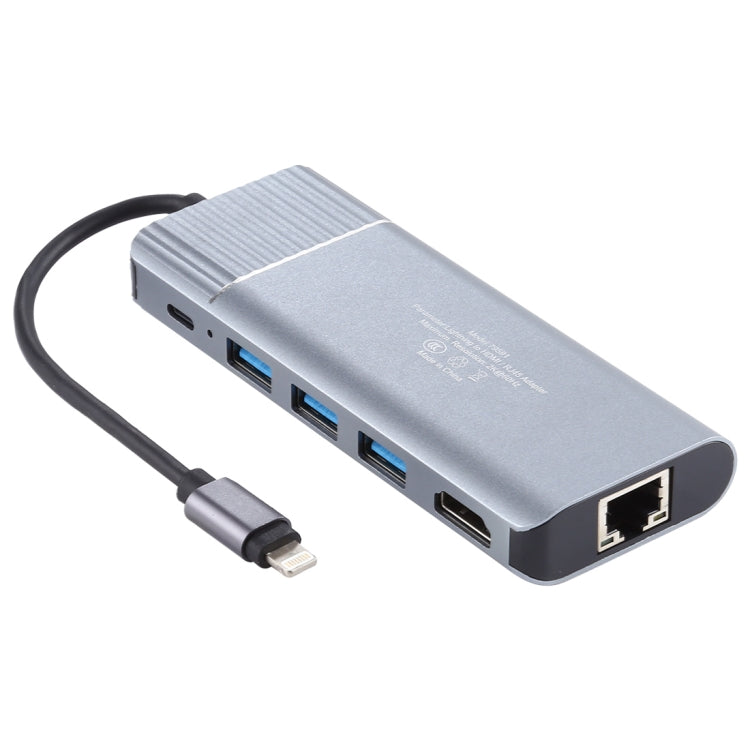6 in 1 USB 2.0 x 3 + HDMI + RJ45 + 8핀 여성 충전 포트 to 8핀 남성 다기능 도크 스테이션 어댑터, 79591