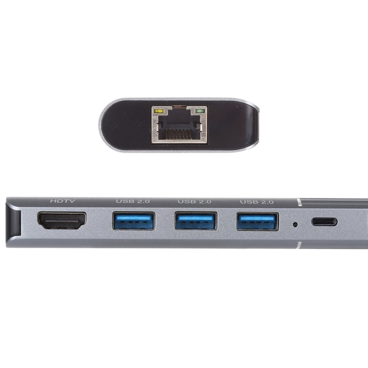 6 in 1 USB 2.0 x 3 + HDMI + RJ45 + 8핀 여성 충전 포트 to 8핀 남성 다기능 도크 스테이션 어댑터, 79591