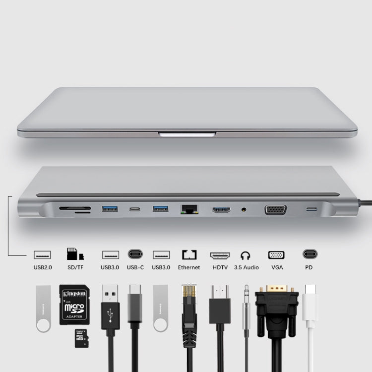 11 in 1 RJ45 + 87W PD + SD/TF + USBx3 + HDMI + VGA + 3.5mm AUX to Type-C 허브 어댑터, 11 in 1