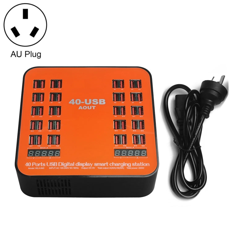 WLX-840 200W 40포트 USB 디지털 디스플레이 스마트 충전 스테이션 AC100-240V, 호주 플러그 (검정+주황), 호주 플러그