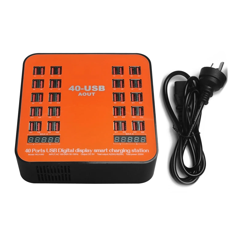 WLX-840 200W 40포트 USB 디지털 디스플레이 스마트 충전 스테이션 AC100-240V, 호주 플러그 (검정+주황), 호주 플러그