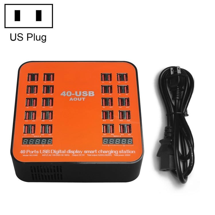 WLX-840 200W 40포트 USB 디지털 디스플레이 스마트 충전 스테이션 AC100-240V, 미국 플러그 (검정+주황), 미국 플러그