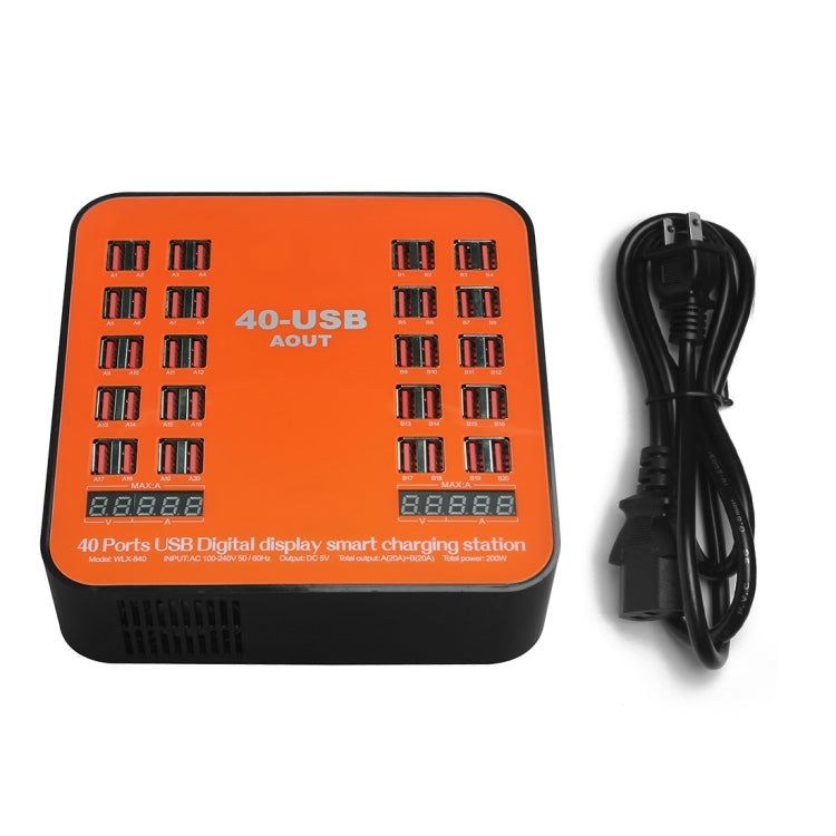 WLX-840 200W 40포트 USB 디지털 디스플레이 스마트 충전 스테이션 AC100-240V, 미국 플러그 (검정+주황), 미국 플러그