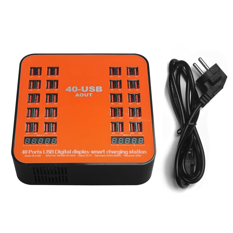 WLX-840 200W 40포트 USB 디지털 디스플레이 스마트 충전 스테이션 AC100-240V, 유럽 플러그 (검정+주황), 유럽 플러그