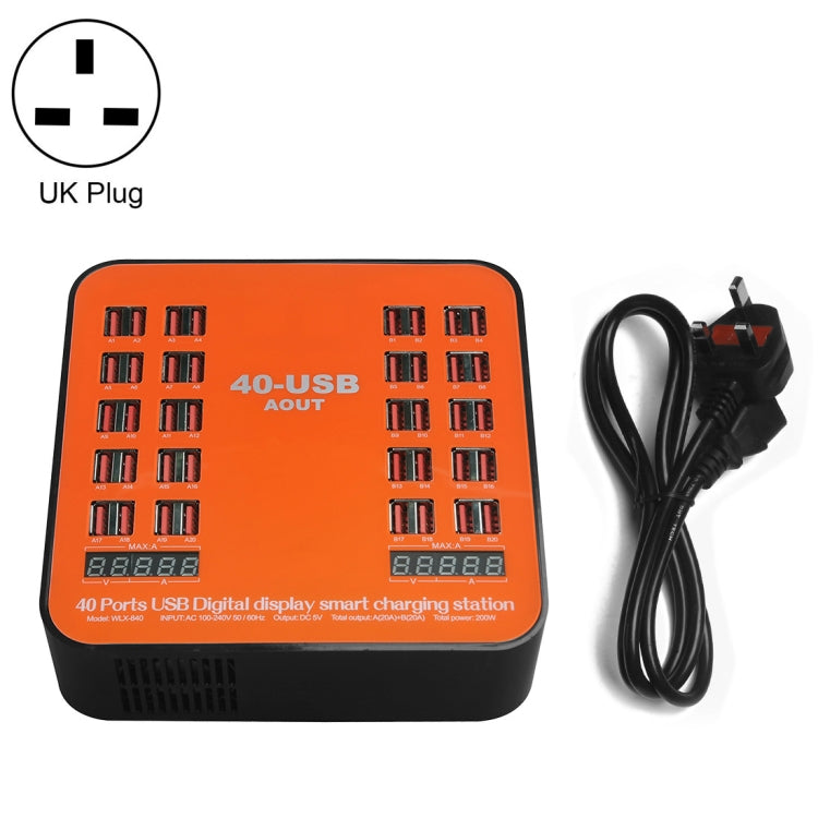 WLX-840 200W 40포트 USB 디지털 디스플레이 스마트 충전 스테이션 AC100-240V, 영국 플러그 (검정+주황), 영국 플러그