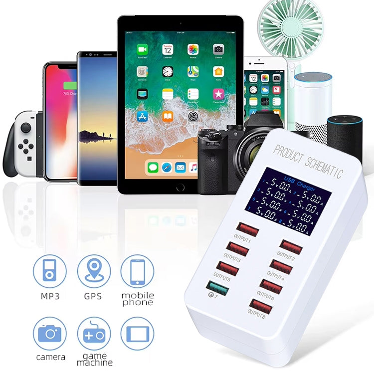 A8 50W 8포트 USB + QC3.0 스마트 충전 스테이션 디지털 디스플레이 AC100-240V, EU 플러그, A8 EU 플러그