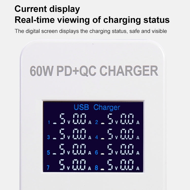 A8T 60W 8포트 USB + QC3.0 + PD 타입-C 스마트 충전 스테이션 디지털 디스플레이 AC100-240V, AU 플러그, A8T AU 플러그