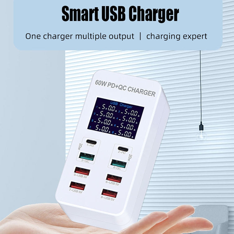 A8T 60W 8포트 USB + QC3.0 + PD 타입-C 스마트 충전 스테이션 디지털 디스플레이 AC100-240V, AU 플러그, A8T AU 플러그