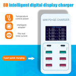 A8T 60W 8포트 USB + QC3.0 + PD 타입-C 스마트 충전 스테이션 디지털 디스플레이 AC100-240V, UK 플러그, A8T UK 플러그