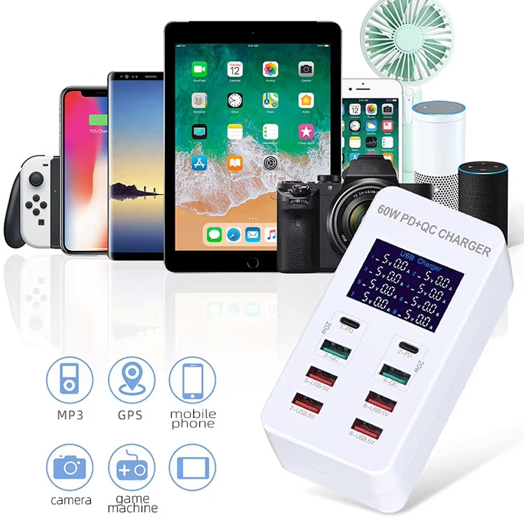 A8T 60W 8포트 USB + QC3.0 + PD 타입-C 스마트 충전 스테이션 디지털 디스플레이 AC100-240V, UK 플러그, A8T UK 플러그
