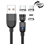 1m 3A 출력 3-in-1 USB to 8핀 + USB-C / 타입-C + 마이크로 USB 540도 회전 자석 데이터 동기화 충전 케이블, 1m 3-in-1