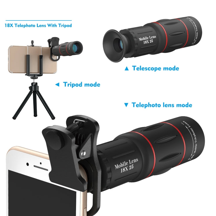 3 in 1 범용 18X 망원 렌즈 + 삼각대 마운트 + 휴대폰 클립, APL-T18ZJ