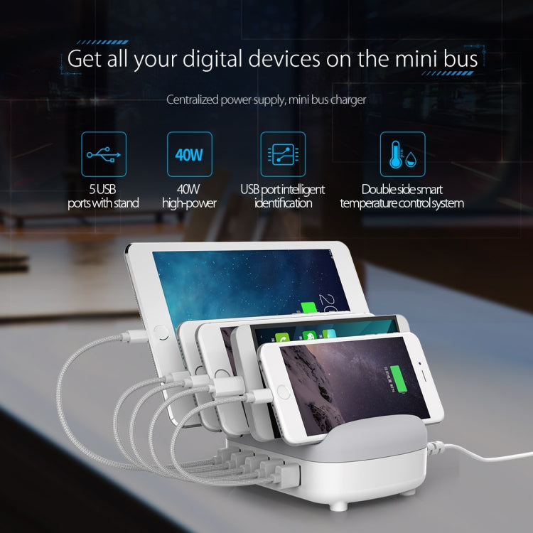 ORICO DUK-5P 40W 5 USB 포트 스마트 충전 스테이션 휴대폰 및 태블릿 거치대 포함, EU 플러그