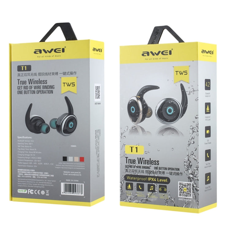 AWEI T1 스포츠 헤드셋 IPX4 방수 무선 블루투스 V4.2 스테레오 이어폰, TWS 지원, T1