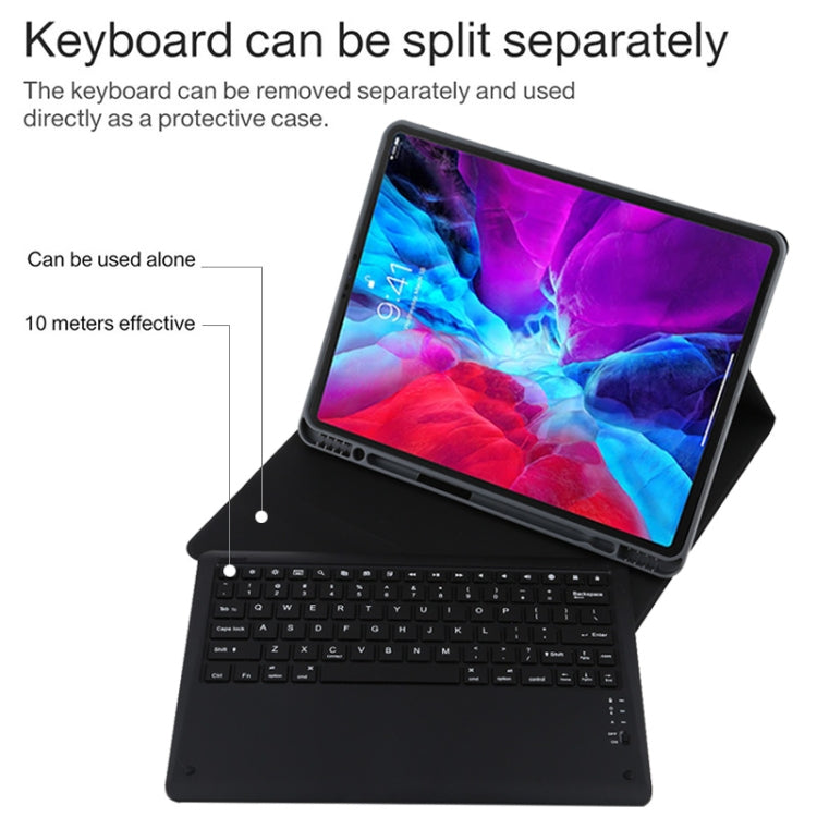 T129 분리형 블루투스 블랙 키보드 마이크로화이버 가죽 태블릿 케이스 iPad Pro 12.9인치 (2020)용, 홀더 포함, 블랙 키보드