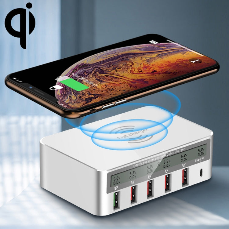 WLX-818F 6 in 1 10W QC3.0 무선 충전 + USB-C / 타입-C + 4 USB 포트 충전기, 스마트 LCD 디스플레이 화면, EU / AU 플러그, EU / AU 플러그 (화이트)