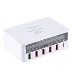 WLX-818F 6 in 1 10W QC3.0 무선 충전 + USB-C / 타입-C + 4 USB 포트 충전기, 스마트 LCD 디스플레이 화면, EU / AU 플러그, EU / AU 플러그 (화이트)