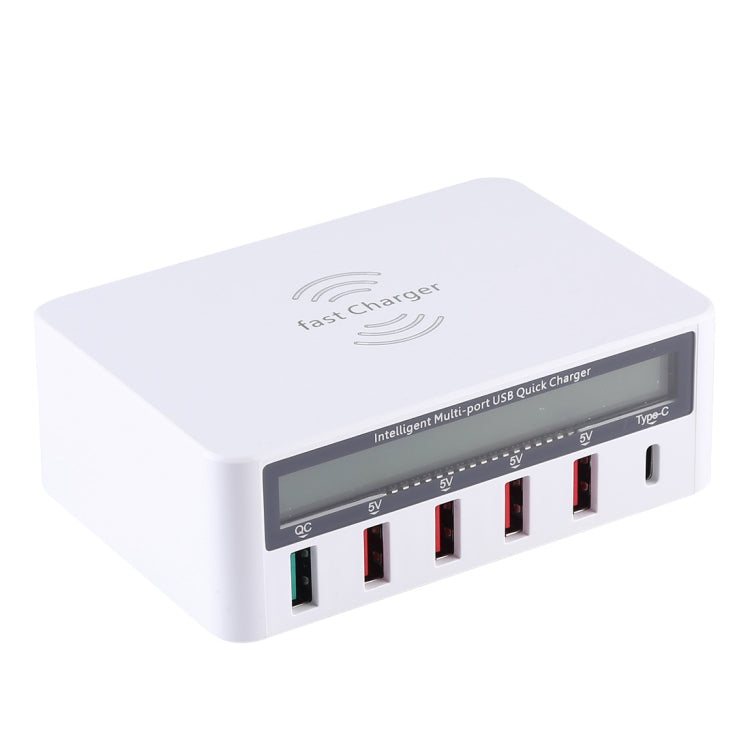 WLX-818F 6 in 1 10W QC3.0 무선 충전 + USB-C / 타입-C + 4 USB 포트 충전기, 스마트 LCD 디스플레이 화면, EU / AU 플러그, EU / AU 플러그 (화이트)