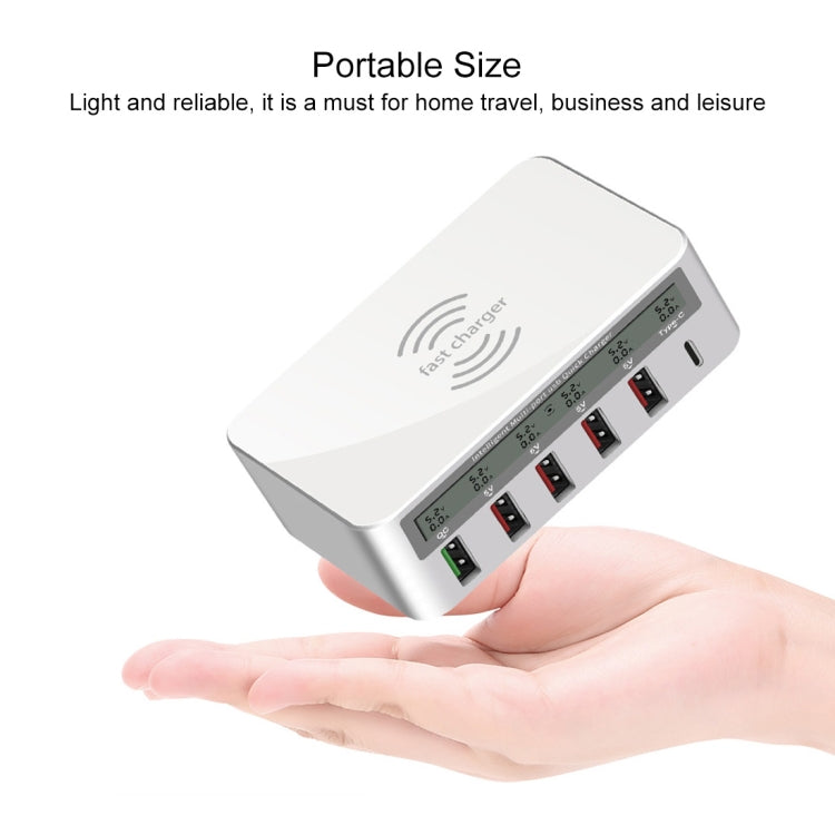 WLX-818F 6 in 1 10W QC3.0 무선 충전 + USB-C / 타입-C + 4 USB 포트 충전기, 스마트 LCD 디스플레이 화면, EU / AU 플러그, EU / AU 플러그 (화이트)