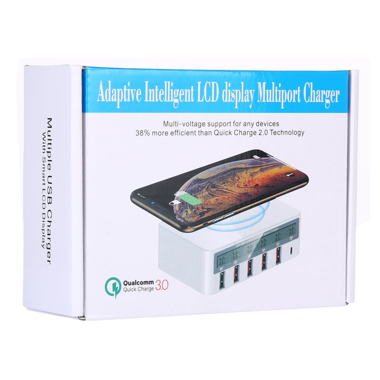 WLX-818F 6 in 1 10W QC3.0 무선 충전 + USB-C / 타입-C + 4 USB 포트 충전기, 스마트 LCD 디스플레이 화면, EU / AU 플러그, EU / AU 플러그 (화이트)