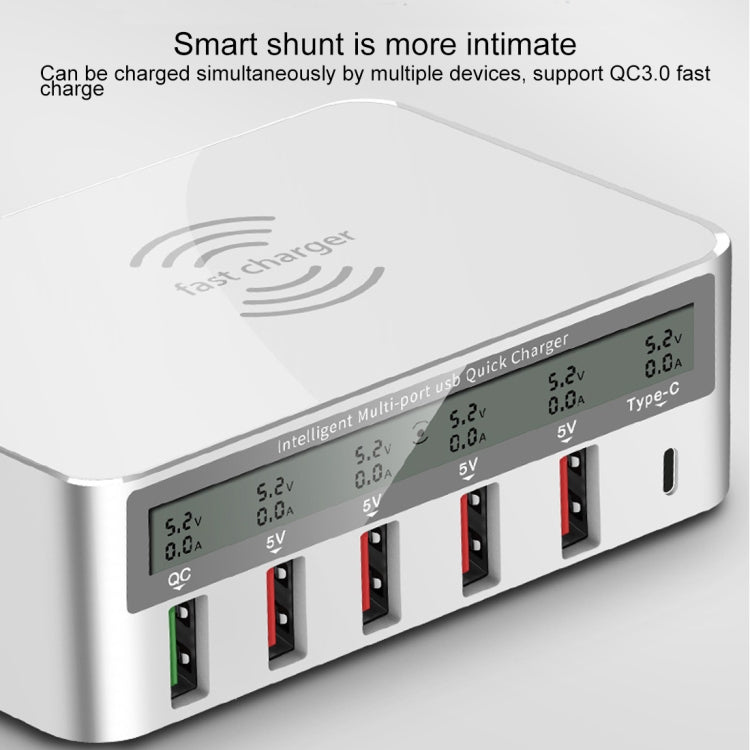 WLX-818F 6 in 1 10W QC3.0 무선 충전 + USB-C / 타입-C + 4 USB 포트 충전기, 스마트 LCD 디스플레이 화면, EU / AU 플러그, EU / AU 플러그 (화이트)