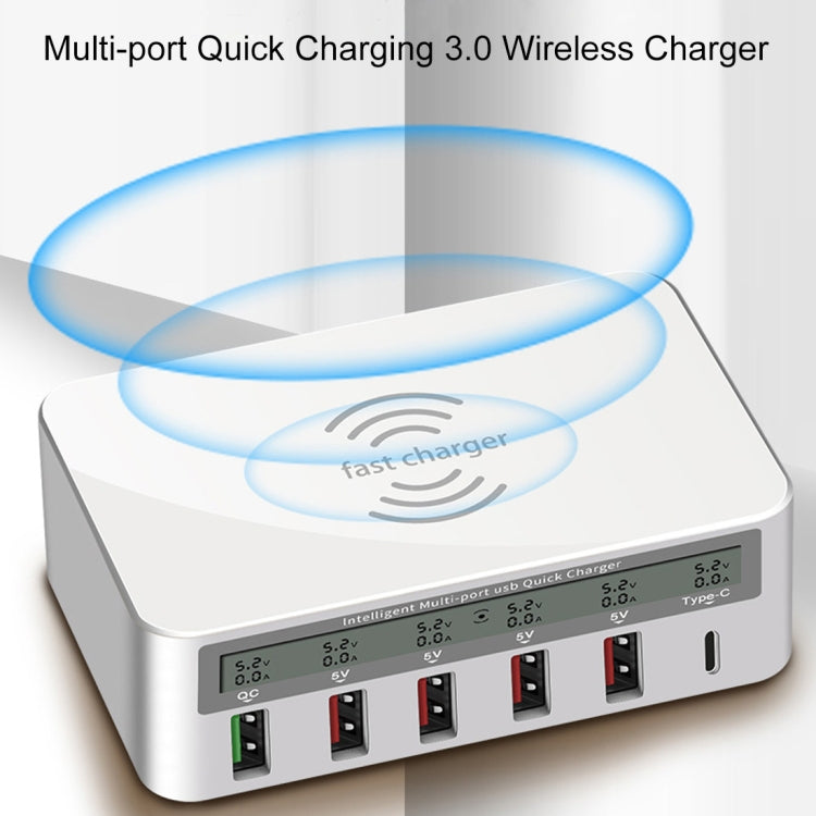 WLX-818F 6 in 1 10W QC3.0 무선 충전 + USB-C / 타입-C + 4 USB 포트 충전기, 스마트 LCD 디스플레이 화면, EU / AU 플러그, EU / AU 플러그 (화이트)