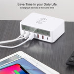 WLX-818F 6 in 1 10W QC3.0 무선 충전 + USB-C / 타입-C + 4 USB 포트 충전기, 스마트 LCD 디스플레이 화면, EU / AU 플러그, EU / AU 플러그 (화이트)