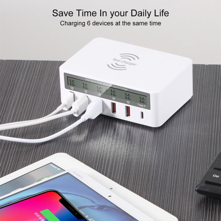 WLX-818F 6 in 1 10W QC3.0 무선 충전 + USB-C / 타입-C + 4 USB 포트 충전기, 스마트 LCD 디스플레이 화면, EU / AU 플러그, EU / AU 플러그 (화이트)