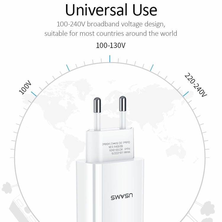 USAMS US-CC075 T18 2.1A 단일 USB 여행용 충전기, EU 플러그