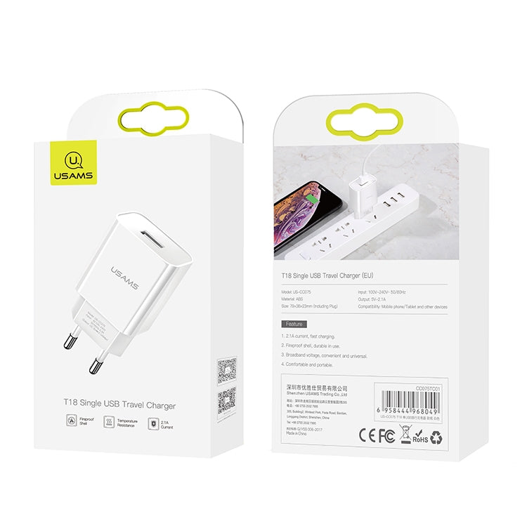 USAMS US-CC075 T18 2.1A 단일 USB 여행용 충전기, EU 플러그