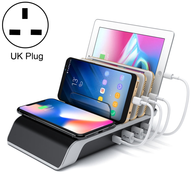 UD09 4 USB 포트 Qi 표준 무선 충전기 휴대폰 데스크탑 스탠드 홀더, 영국 플러그