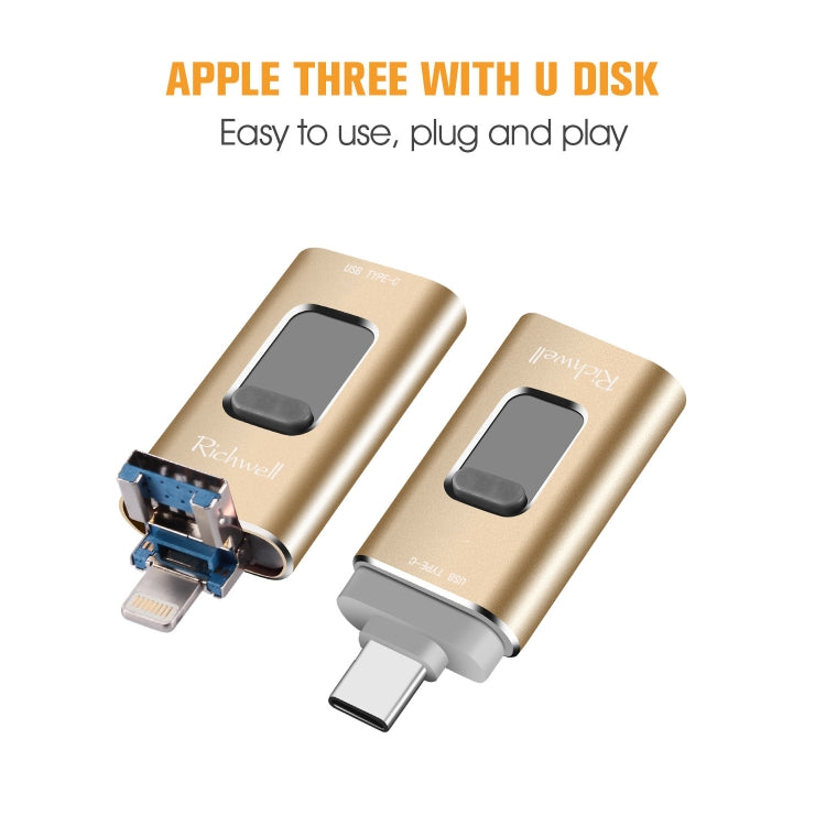 Richwell 3 in 1 16G Type-C + 8핀 + USB 3.0 메탈 푸시풀 플래시 디스크 OTG 기능 포함