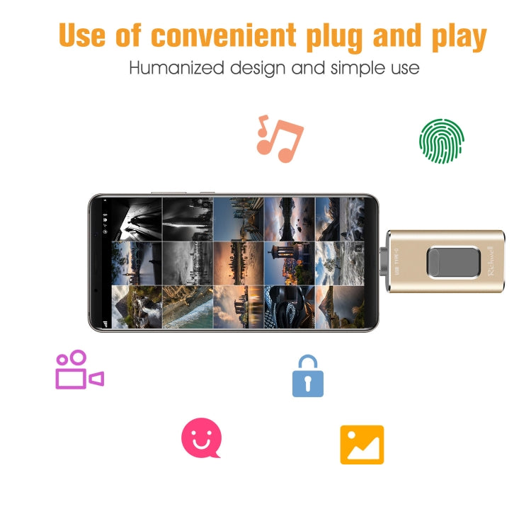 Richwell 3-in-1 64G Type-C + 8핀 + USB 3.0 메탈 푸시풀 플래시 디스크 OTG 기능 포함