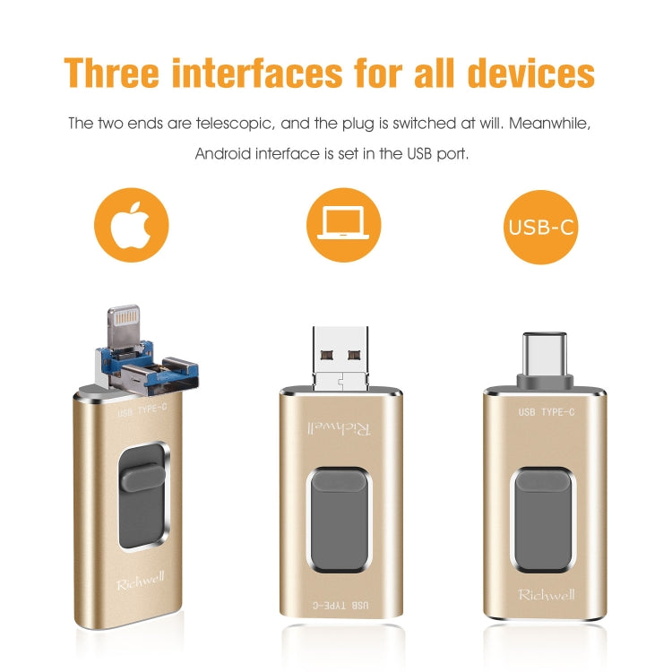 Richwell 3 in 1 128G Type-C + 8핀 + USB 3.0 메탈 푸시풀 플래시 디스크 OTG 기능 포함