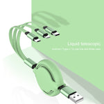 3.5A 액체 실리콘 3 in 1 USB to USB-C / Type-C + 8핀 + 마이크로 USB 자동 줄감기 데이터 동기화 충전 케이블