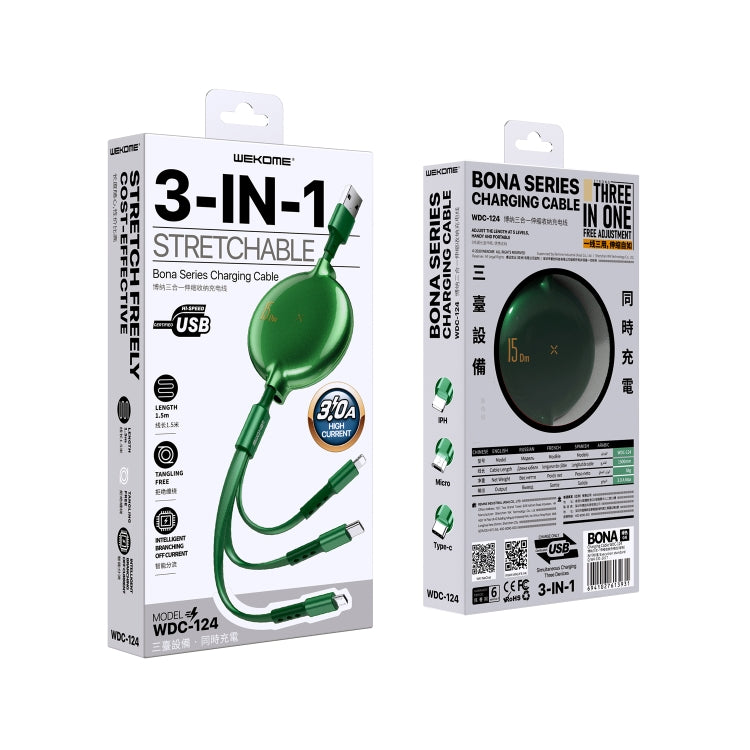 WK WDC-124 3A 3 in 1 8핀 + 타입-C / USB-C + 마이크로 USB 보나 시리즈 텔레스코픽 충전 데이터 케이블, 길이: 1.5m