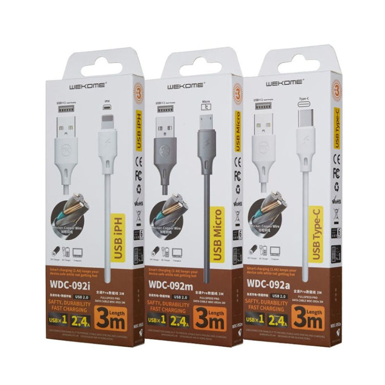 WK WDC-092 3m 2.4A 최대 출력 풀 스피드 프로 시리즈 USB to 8핀 데이터 동기화 충전 케이블, 3m 8핀
